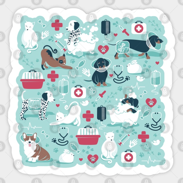 Veterinary medicine, happy and healthy friends // aqua background red details navy blue white and brown cats dogs and other animals Sticker by SelmaCardoso